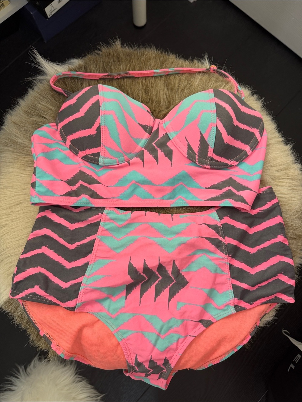 River Island Pink, Teal & Brown High-Waist Bikini Set